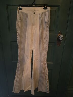 VENUS Cream & Navy Pinstripe Flare Jeans